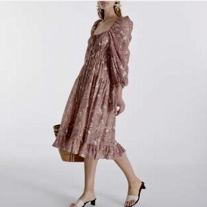 ULLA JOHNSON Isla Midi Dress Sandalwood Long Sleeves Gathered Printed NEW Size 4